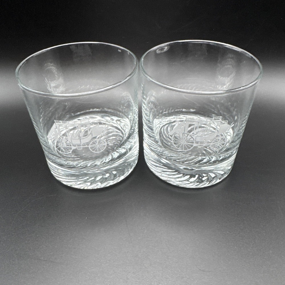 Vintage Cocktail Glasses Western Stagecoach Barware Whisky Lowball Set 2 3.5" - Picture 3 of 6